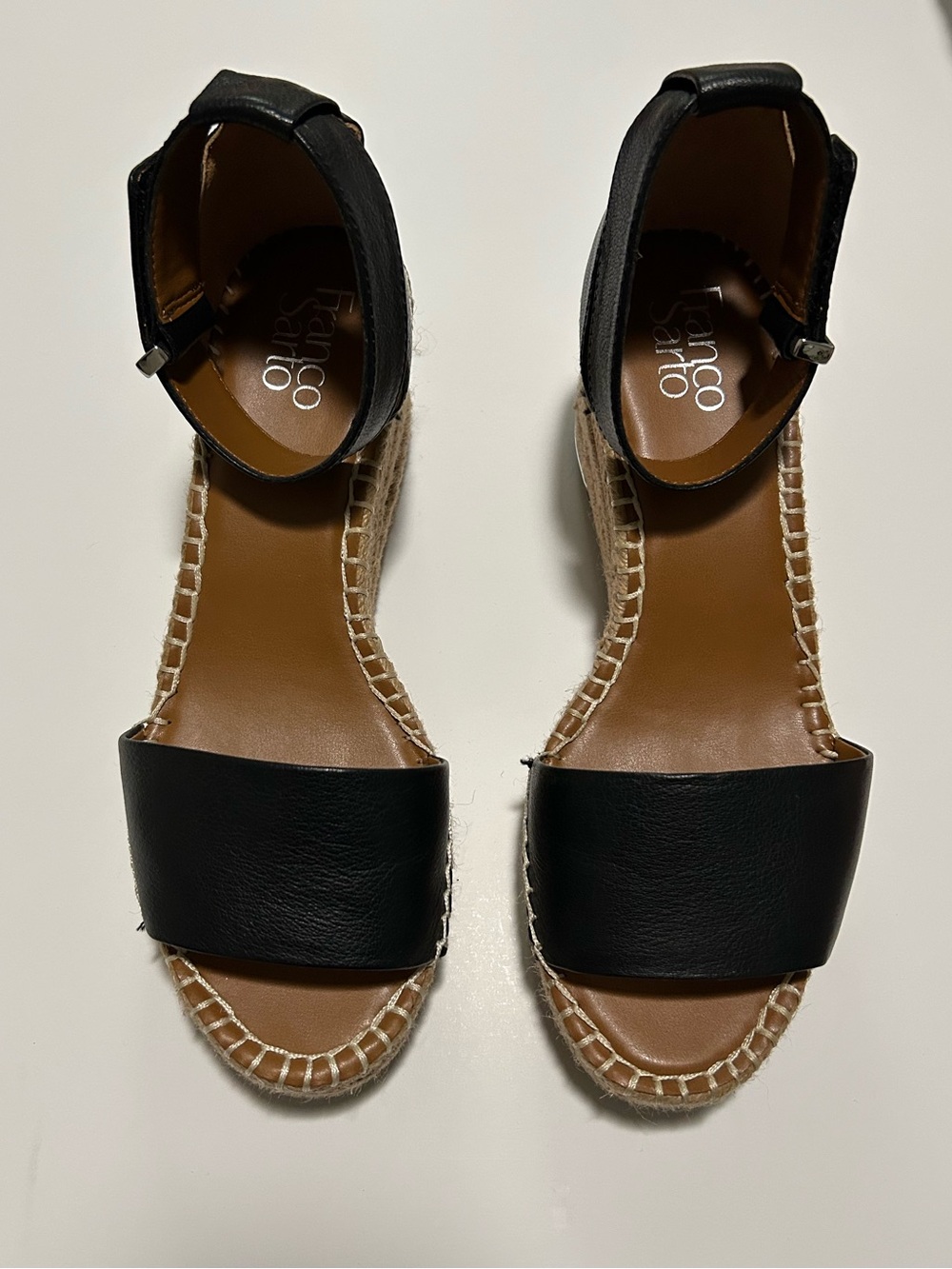 Franco Sarto Black Leather Ankle-Strap Espadrille Sandals